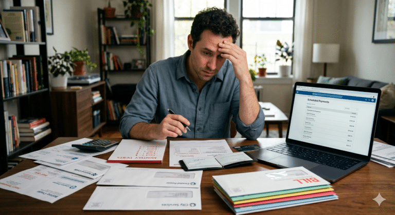 A stressed man sits at a wooden desk in a home office, holding his head in his hand with a worried expression