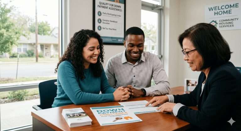 A young couple sits at a wooden desk in a bright office, smiling warmly as a female housing counselor reviews documents with them