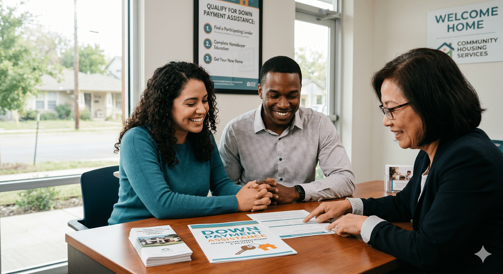 A young couple sits at a wooden desk in a bright office, smiling warmly as a female housing counselor reviews documents with them
