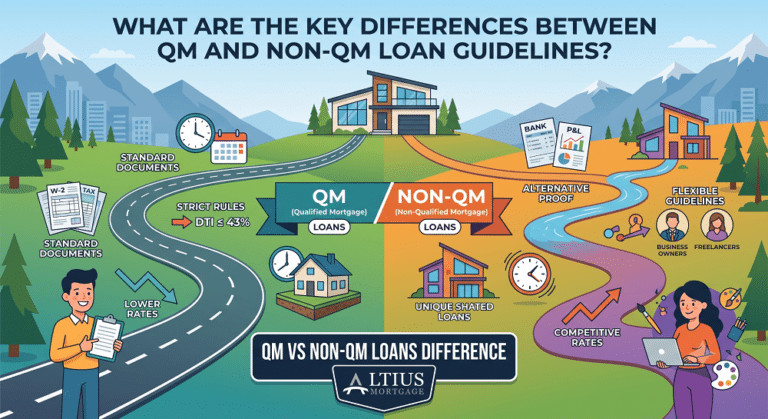 An infographic illustrating the key differences between QM and Non-QM loan guidelines. The Altius Mortgage logo is displayed prominently at the bottom center below the text "QM vs Non-QM Loans Difference