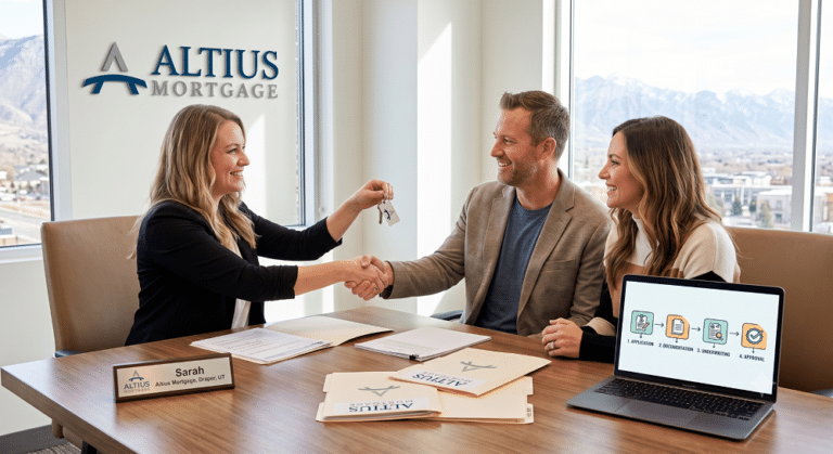 A smiling mortgage advisor at Altius Mortgage in Draper, UT, shaking hands and handing house keys to a happy couple across a desk. The Altius Mortgage logo is displayed on the wall behind them