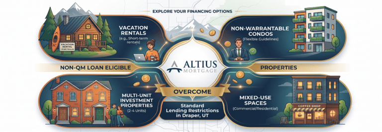 An infographic illustrating 'Non-QM Loan Eligible Properties' to help buyers. In the center is the Altius Mortgage logo above a banner that reads "Overcome Standard Lending Restrictions in Draper, UT.