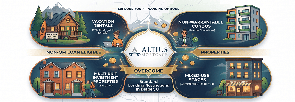 An infographic illustrating 'Non-QM Loan Eligible Properties' to help buyers. In the center is the Altius Mortgage logo above a banner that reads "Overcome Standard Lending Restrictions in Draper, UT.