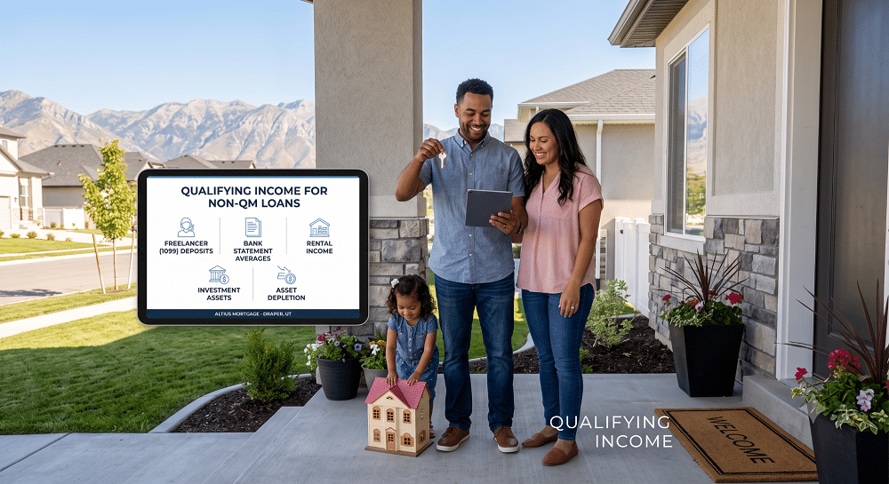 A happy family stands on the front porch of a modern home with mountains in the background, the smiling father holding up a pair of house keys