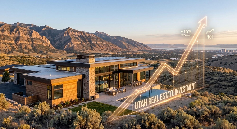 A modern, flat-roofed home on a hillside overlooking a Utah valley and mountains, overlaid with a glowing, upward-trending financial line graph featuring the text 'Utah Real Estate Investment,' 'ROI,' and '+15% YOY Growth'