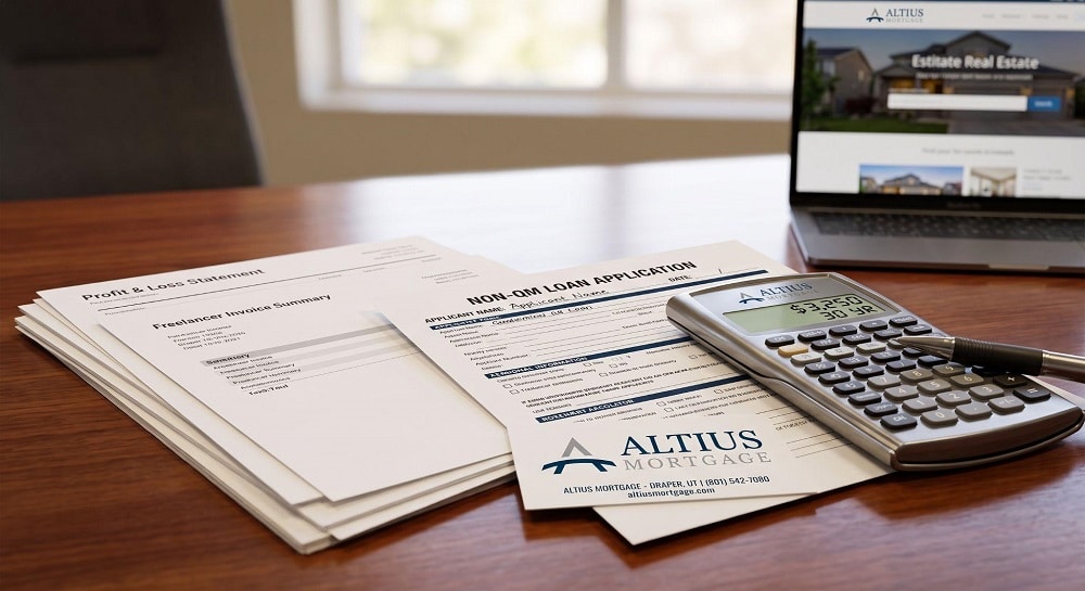 A close-up of a wooden desk featuring a Non-QM loan application, profit and loss statements, and a calculator with a pen resting on top. An Altius Mortgage business card is prominently displayed in the foreground, with a laptop showing a real estate website slightly blurred in the background.