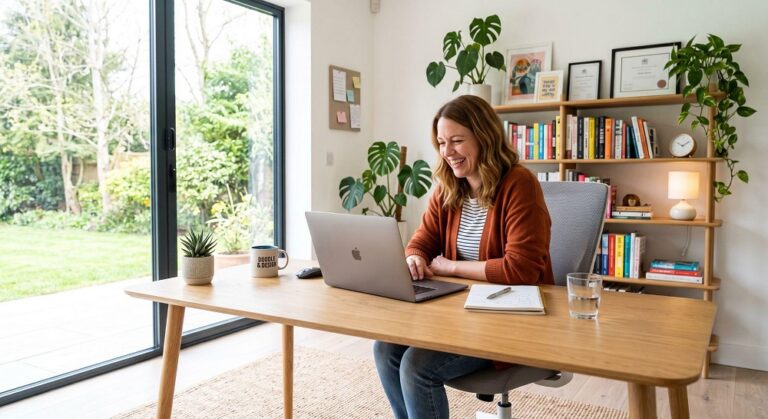 A smiling woman working on a laptop at a light wood desk in a bright, modern home office. The room features a wooden bookshelf filled with books and plants, and large glass doors looking out onto a lush green garden.