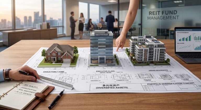 Miniature models of a single-family suburban house, a commercial office building, and a modern apartment complex resting on a large architectural blueprint on a wooden conference table, illustrating a diversified real estate portfolio.