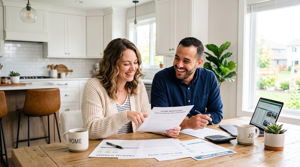 A smiling couple sitting at a bright kitchen island, happily reviewing a home mortgage application and loan agreement together alongside a laptop and coffee mugs.