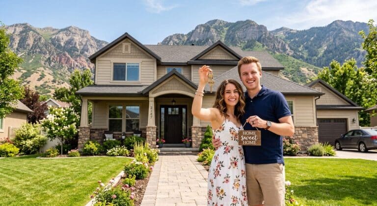A smiling young couple standing on the walkway of a two-story house with scenic mountains in the background.