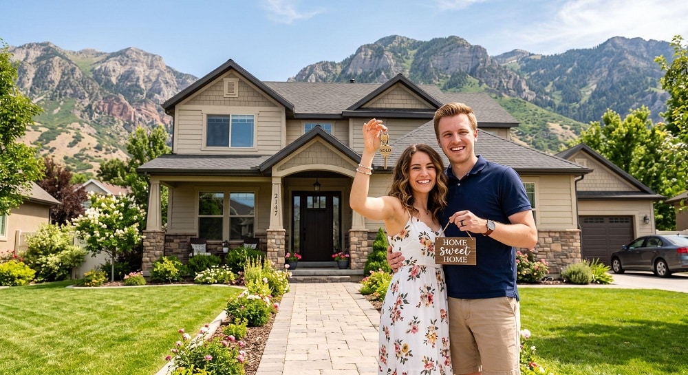 A smiling young couple standing on the walkway of a two-story house with scenic mountains in the background.