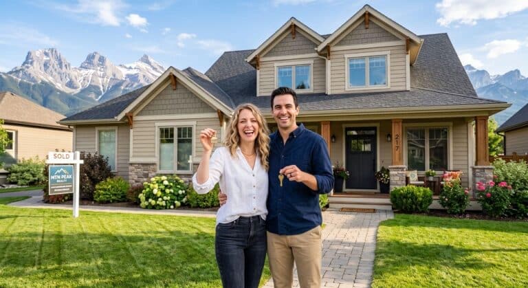 A smiling couple stands on the front walkway of a two-story beige house, proudly holding a key and a small house-shaped keychain. A "Sold" real estate sign sits on the manicured lawn to their left, with majestic snow-capped mountains in the background under a blue sky.