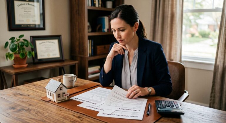 A professional woman in a navy blazer sits at a wooden desk, thoughtfully reviewing mortgage application and loan agreement documents. On the desk next to her are a calculator, a coffee mug, and a miniature model house with a "SOLD" sign